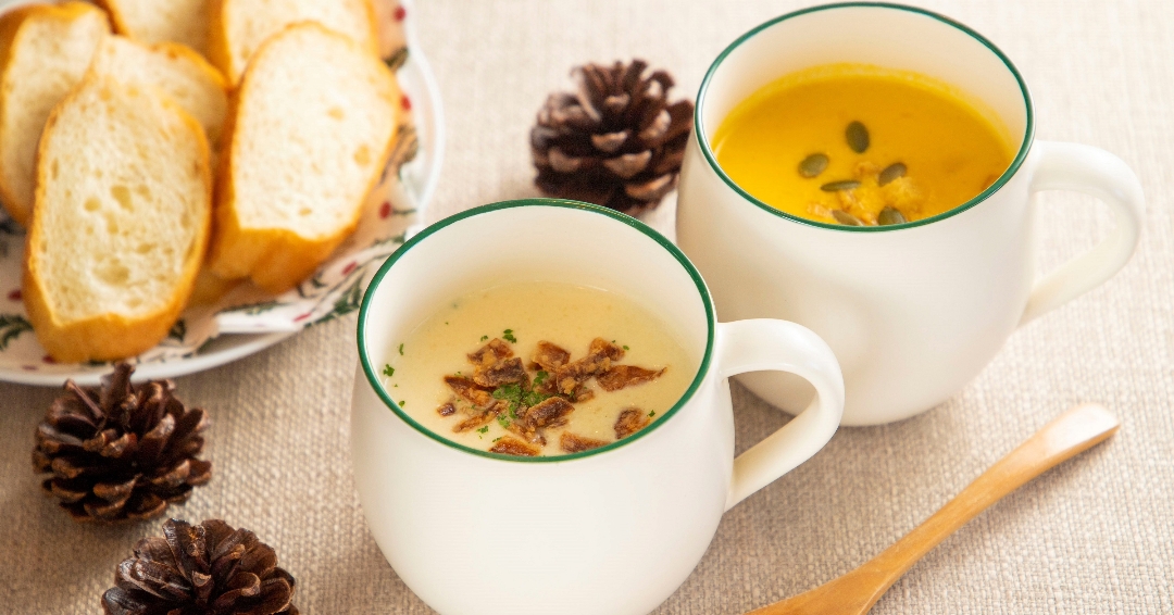 ▲淡路島オニオンポタージュ(左)とはちみつパンプキンポタージュ(右)