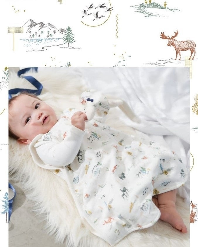 <森のおはなし>北アメリカの中央北部に広がる、森と湖の世界「Northwoods」。一年の半分は氷と雪に閉ざされる厳寒の地にもかかわらず、そこには、多くの動物たちが暮らしています。生命力に満ちた大自然とそこに暮らす動物たちの美しさに魅了され、この柄を描きました。