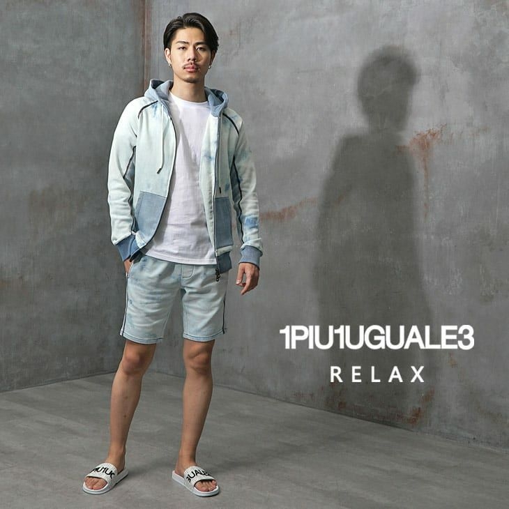 1PIU1UGUALE3 RELAX BLEACHEDJOGGDENIMZIPHOODIE+SHORTS