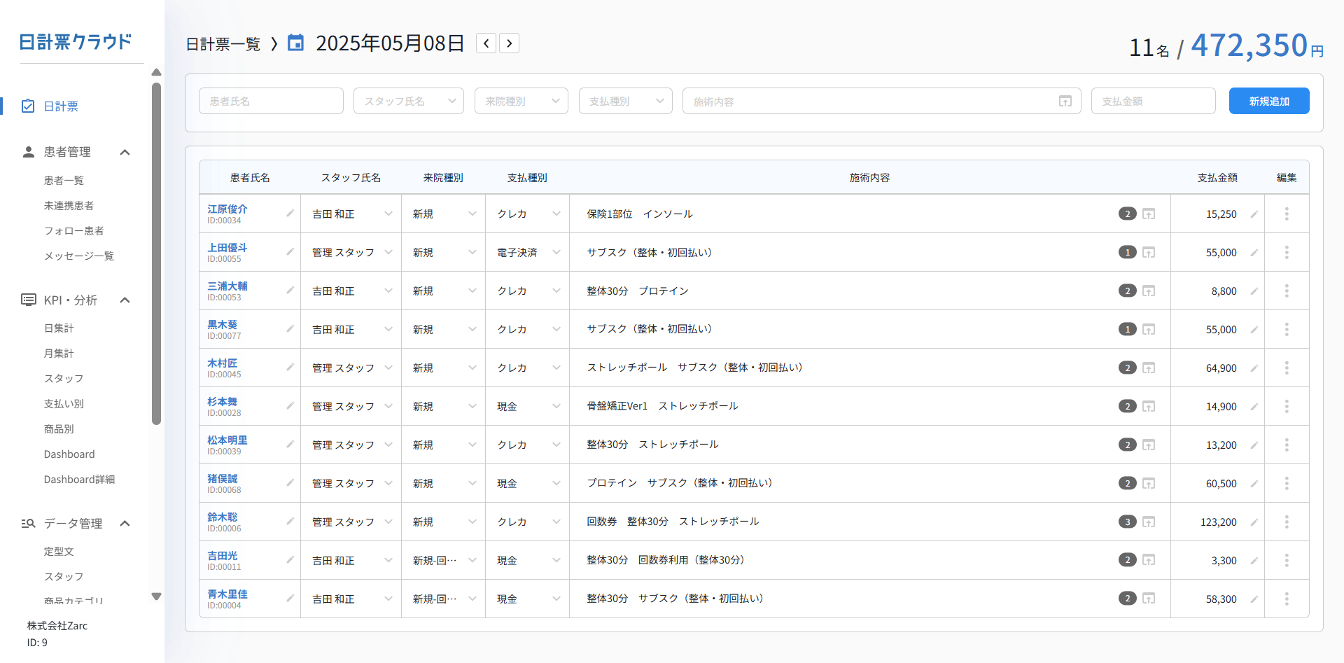日計票の入力画面