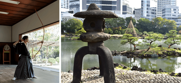 左:弓道の見学会(昨年度開催の様子) 右:園内風景(11月下旬の様子)