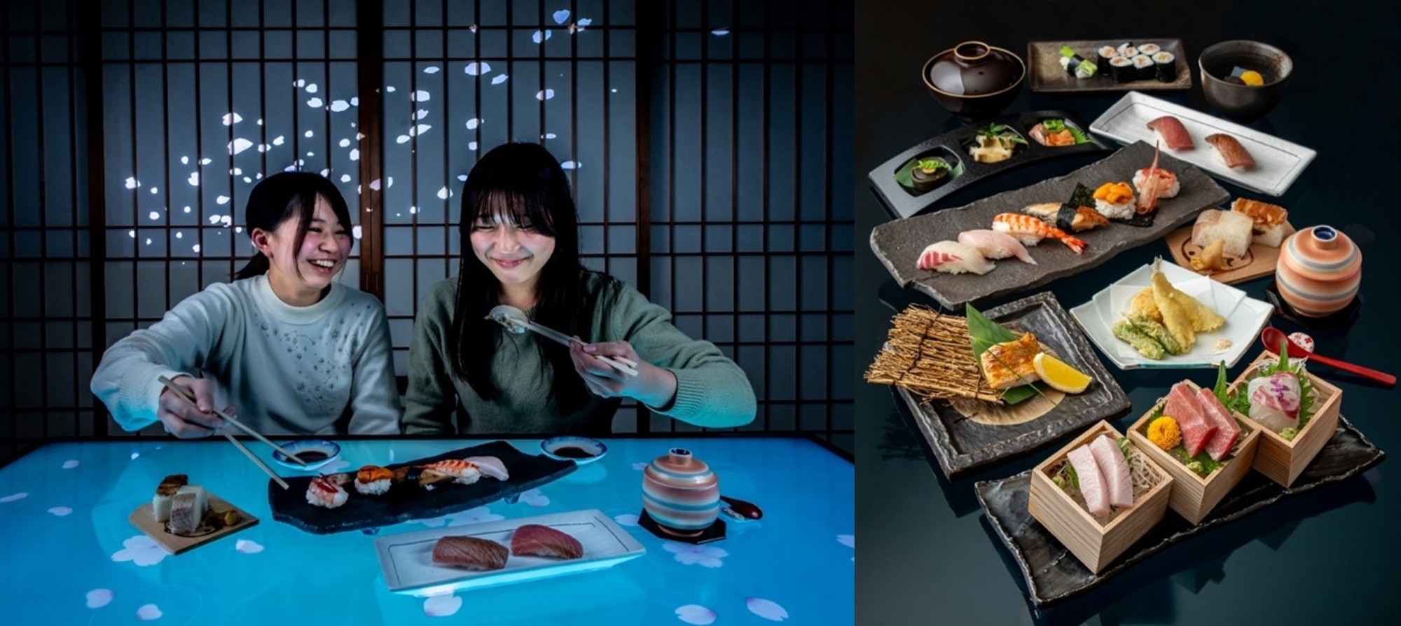総本家 小鯛雀鮨 すし萬 リーガロイヤル店でのマルチセンサリーダイニングのイメージ(左)、コース料理のイメージ(右)