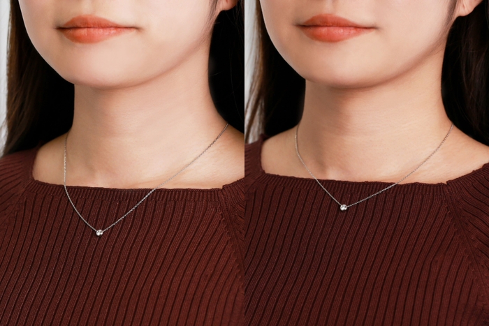 ネックレスの長さ調節に便利なアジャスターチェーン(左:アジャスターチェーン3cm使用)