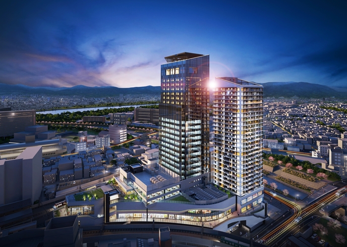 再開発事業全景 (左:ホテル・オフィス棟 右:THE TOWER HIRAKATA)