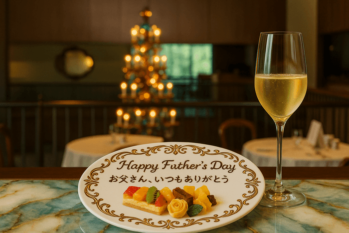 ▲父の日プランで乾杯のシャンパーニュとお祝いのメッセージプレートをプレゼント ※画像はイメージです