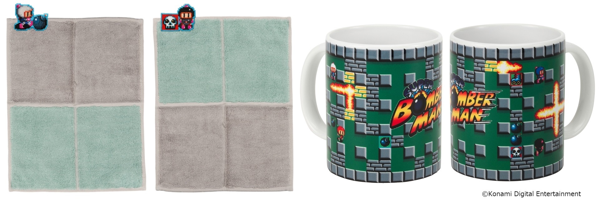 左/ボンバーマン 刺繍ワッペンハンドタオル、右/ボンバーマン マグカップ