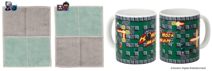 左/ボンバーマン 刺繍ワッペンハンドタオル、右/ボンバーマン マグカップ