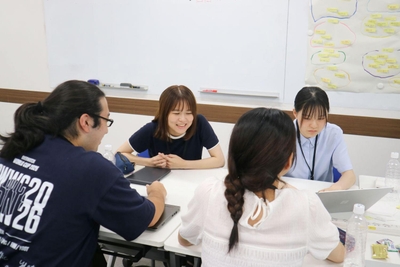 △ チームで意見を出し合いながら、課題整理やアイデアの共有を進める様子