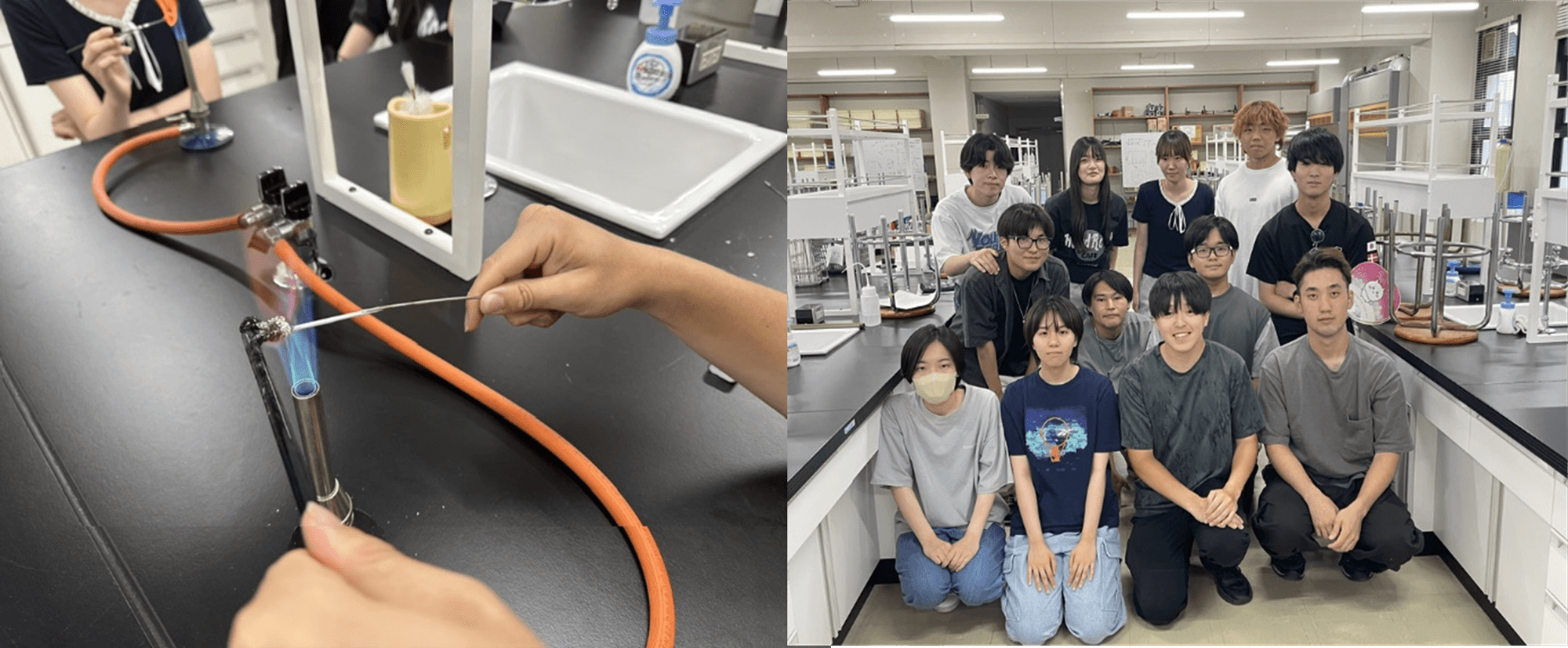 ガラス細工の様子(左)、環境ボランティア部と生物環境化学研究会のメンバー(右)