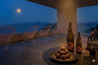 夜更けになると月が海へと沈む　※月見酒のイメージ