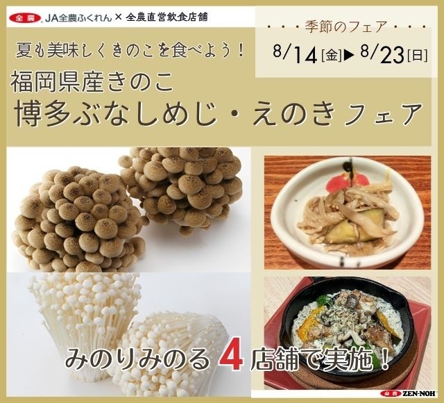 ～夏も美味しくきのこを食べよう！～
全農直営飲食店舗で「福岡県産ぶなしめじ・えのきフェア」を
８月１４日（金)～８月２３日（日）に開催
