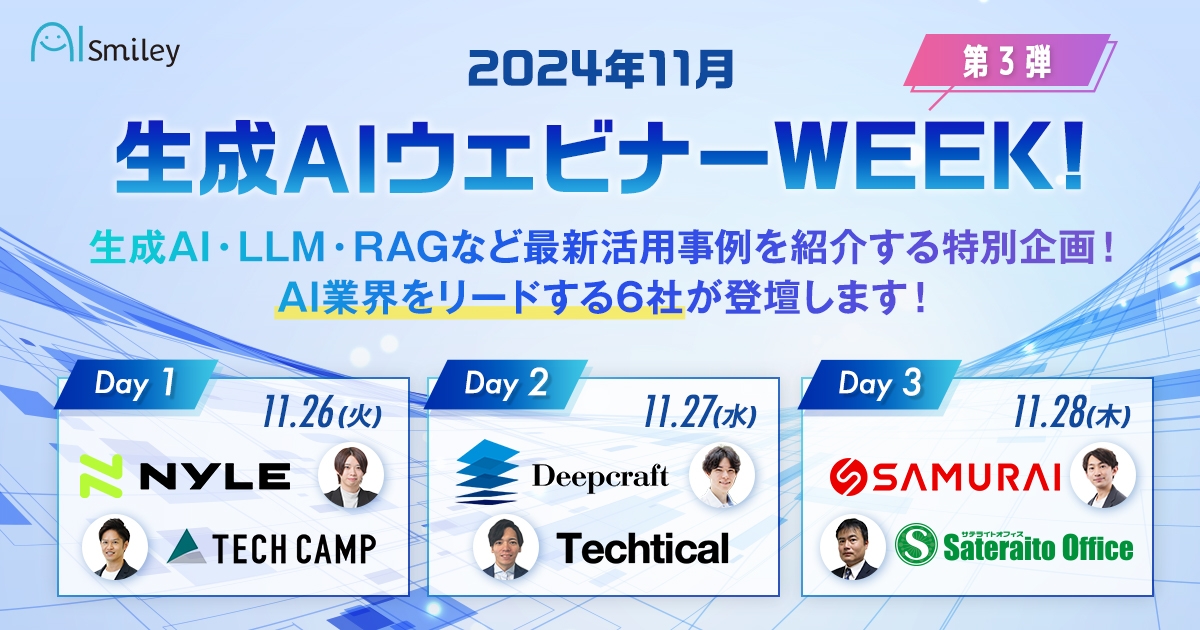 生成AI ウェビナーWEEK!加速する業務効率化と生成AI活用!LLM・RAGなど最新の活用事例を4社が徹底解説!
