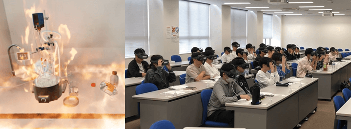 VRゴーグル内の映像(左)、令和5年(2023年)10月に実施した特別安全講義の様子(右)