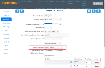 ZoneMinder画面例：物体検出にVPUを選択可能
