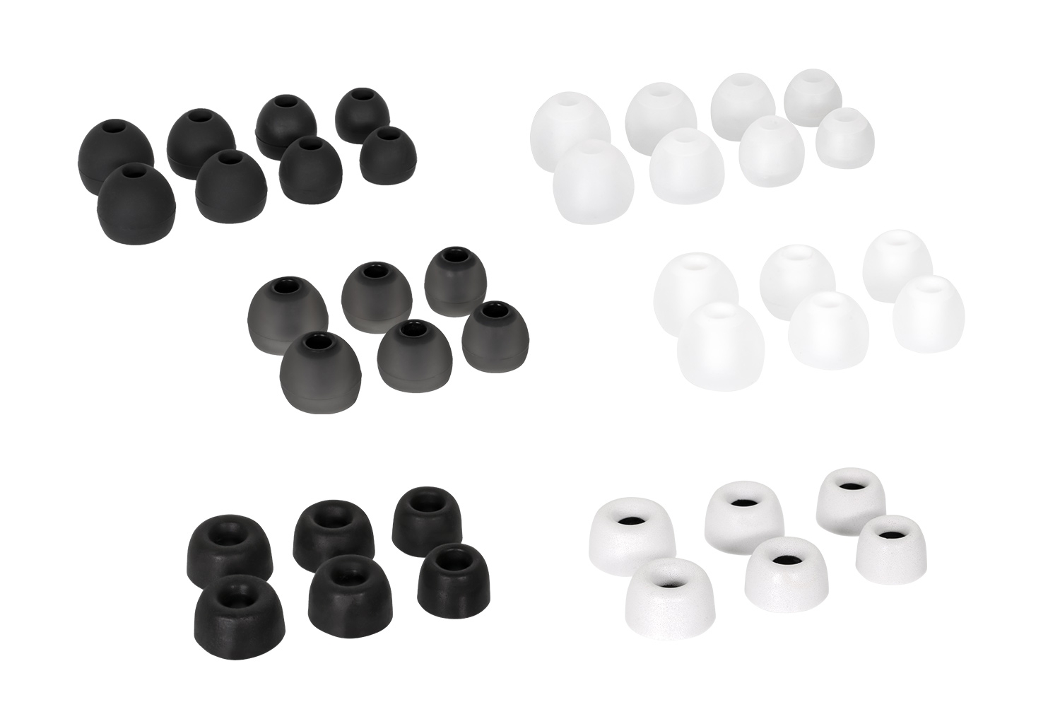 10種類のイヤーピースが付属します(写真の黒いイヤーピースはブラック、ネイビーモデルに付属し、白いイヤーピースはホワイト、ピンクモデルに付属します)