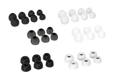 10種類のイヤーピースが付属します（写真の黒いイヤーピースはブラック、ネイビーモデルに付属し、白いイヤーピースはホワイト、ピンクモデルに付属します）