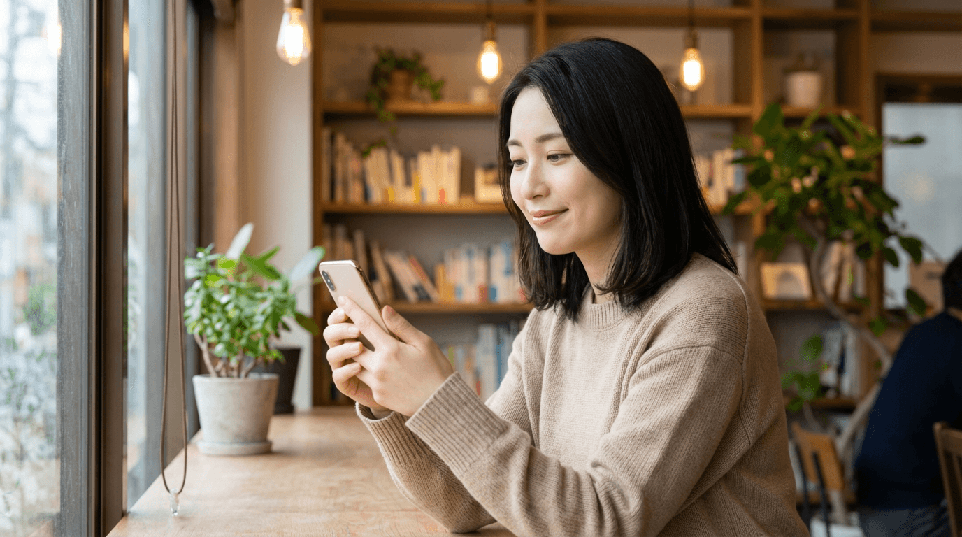 悩んでいる人がスマホで記事を見て安心している様子(2)