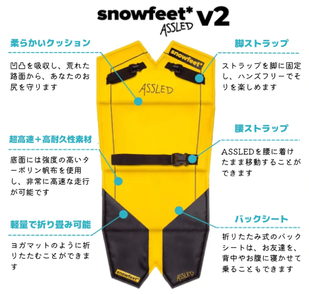 安全性も兼ね備えた「着るソリ」、Snowfeet ASSLED(スノーフィートアスレッド)