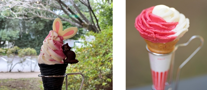 (左から)カフェ パティオ「白うさぎのバラのミックスソフト」da Luciano(ダ ルチアーノ)「赤白バラ盛りジェラート~バラの花を赤く塗ろうよ~」※土日祝限定 各日10個