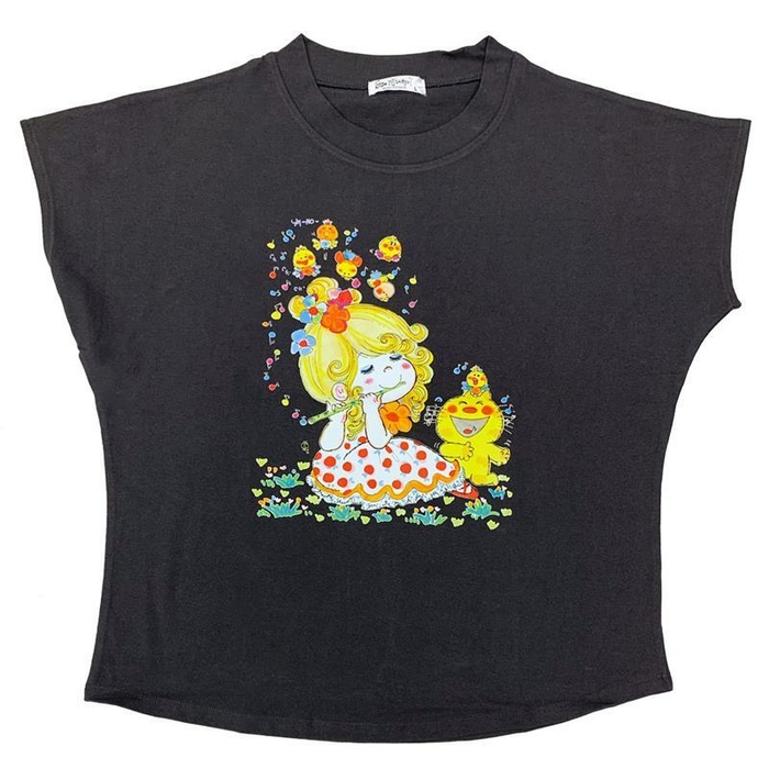 音楽柄フレンチ袖天竺Tシャツ チャコール