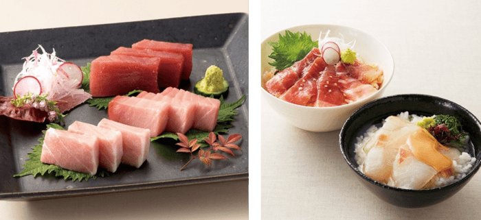 近大マグロセット(左)、近大マグロ漬け丼&近大鯛茶漬け(右)