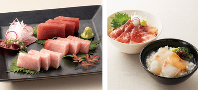 近大マグロセット（左）、近大マグロ漬け丼＆近大鯛茶漬け（右）