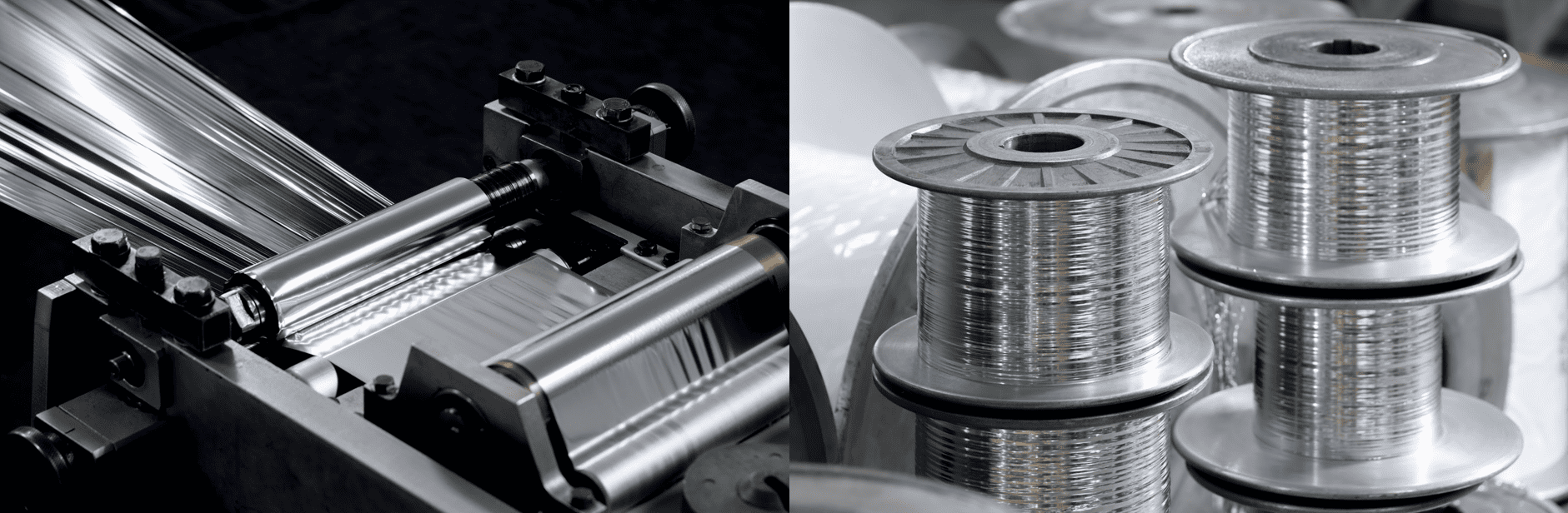 (左)アルミ蒸着フィルムをスリットと同時に巻き付け。特殊な機械により、ねじれずに巻き付けられることがポリエステル糸との同時編織を可能にしている。(右)ねじれずに巻き付けられたアルミの糸
