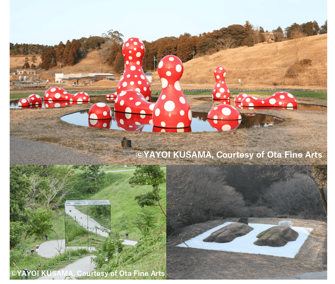 (上)「新たなる空間への道標」/草間 彌生(左下)「無限の鏡の間ー心の中の幻」/草間 彌生(右下)「ツチオとツチコ:55年後のBED PEACE」/島袋 道浩