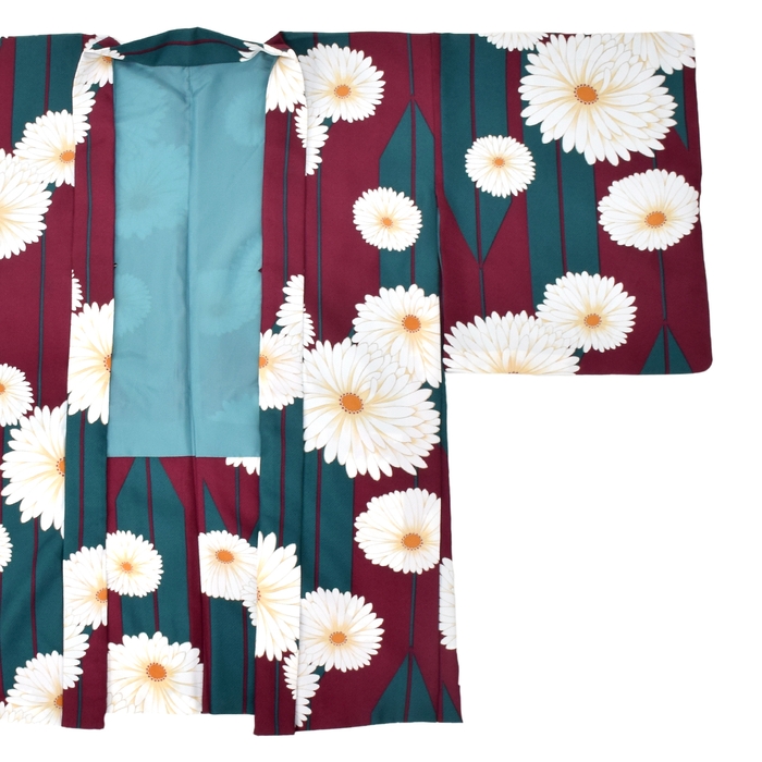 矢羽根に菊　赤紫色