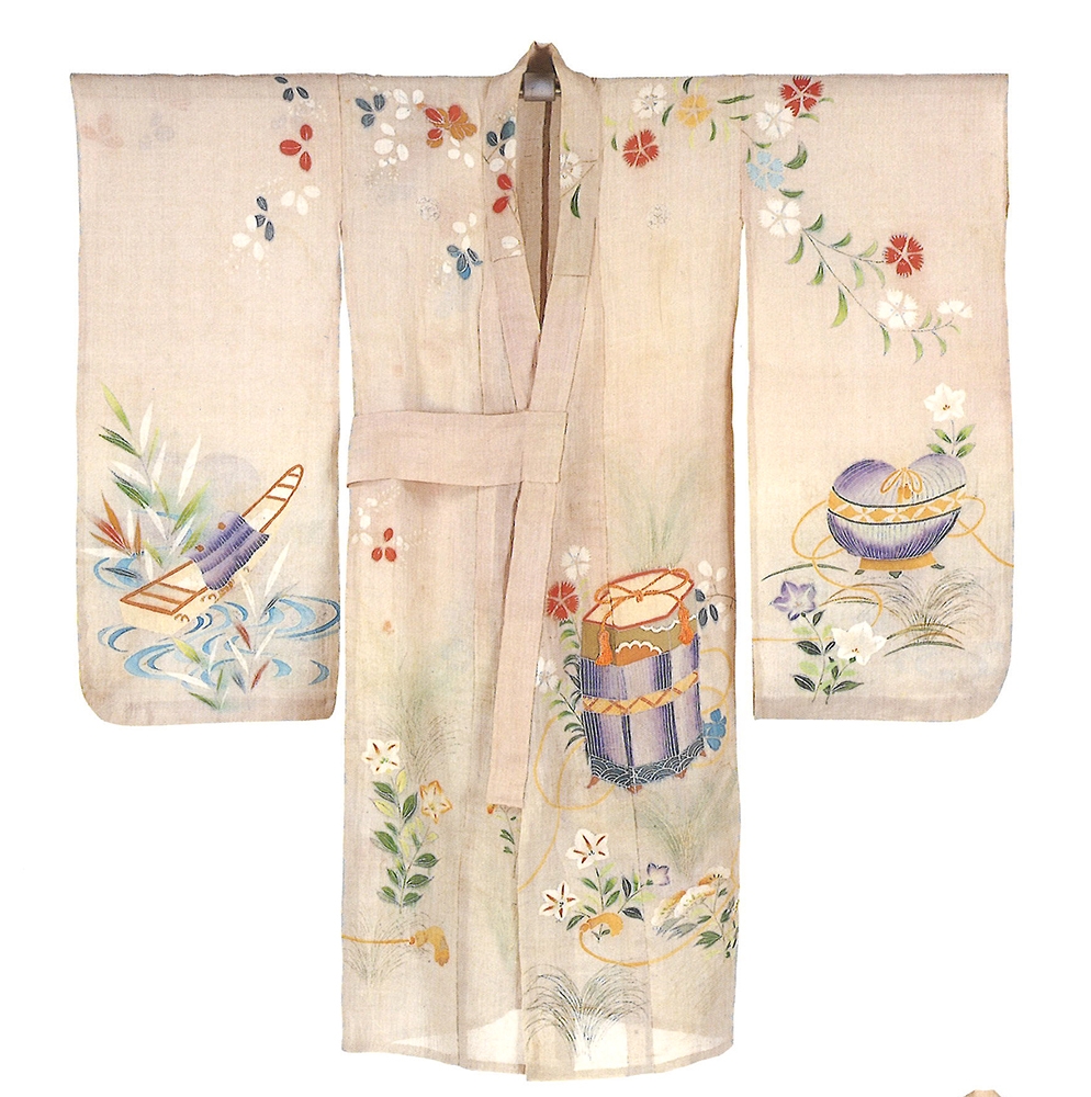 暈染地秋七草貝桶屋根舟模様祝着(原始布・古代織参考館蔵)【前期】