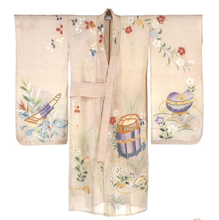 暈染地秋七草貝桶屋根舟模様祝着(原始布・古代織参考館蔵)【前期】