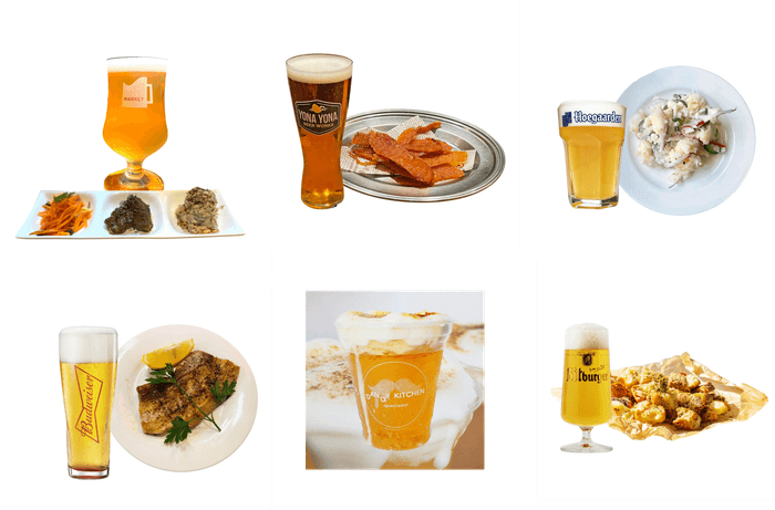 飲み歩きチケットメニューイメージ(左上から、クラフトビアマーケット、YONA YONA BEER WORKS、ポヨ/左下から、ミュンヘン、キッチンカー(Dandy Kitchen)、オクトーバーフェスト)