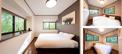 クイーンベッドルーム（左）・ツインベッドルーム（右上）・ダブルベッドルーム（右下）