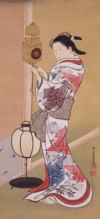 柱時計美人図(部分) 西川祐信筆