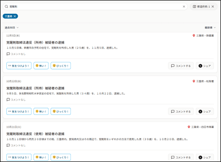 <例 三重県、今月、覚醒剤 で検索>