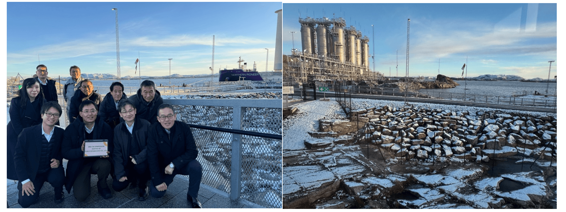 左(WAPSも搭載された、CO2回収船をバックに参加者で記念撮影) 右(CO2貯蔵タンク)