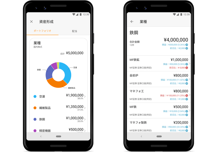 ※画像左:国内株式の業種別ポートフォリオ(例)、画像右:業種ごとの銘柄一覧画面(例)