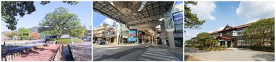 イベントの舞台となる3つのエリア(左:吉香公園／中央:山口市中心商店街 ／右:萩・明倫学舎)