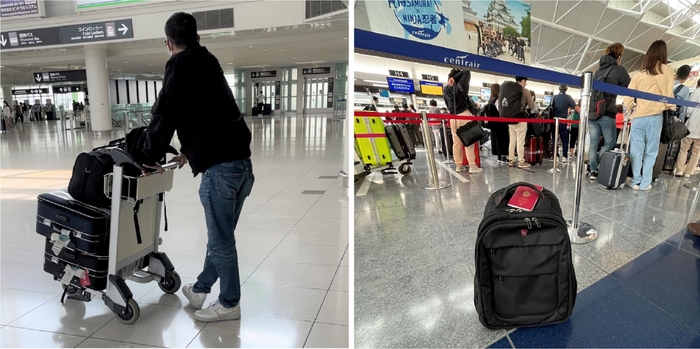 (左)海外出張の通常の荷物の状態 (右)衣類乾燥バルーン持参で荷物を減らした状態