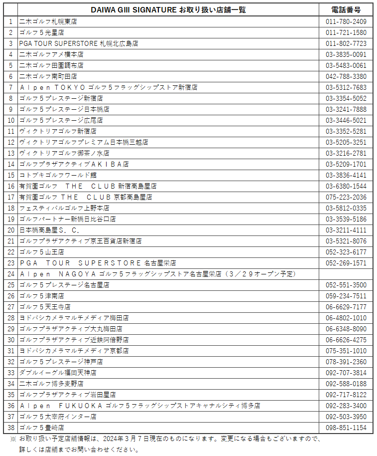 DAIWA GIII SIGNATUREお取扱店舗一覧