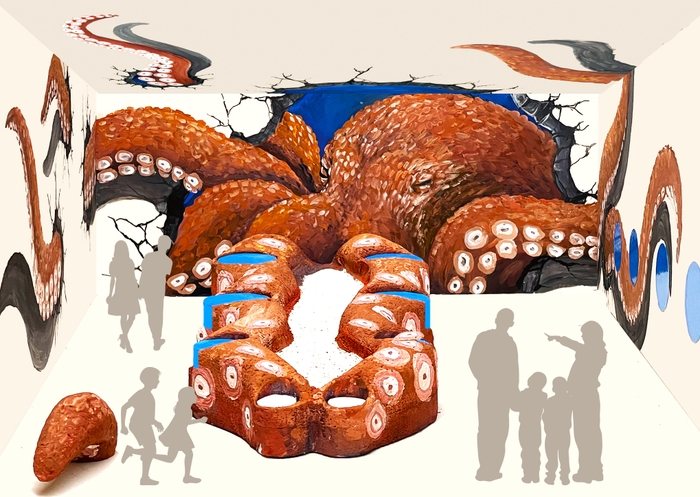 「みずだこ館」内装 巨大なタコが侵入してきたかのようなデザイン (イメージ)