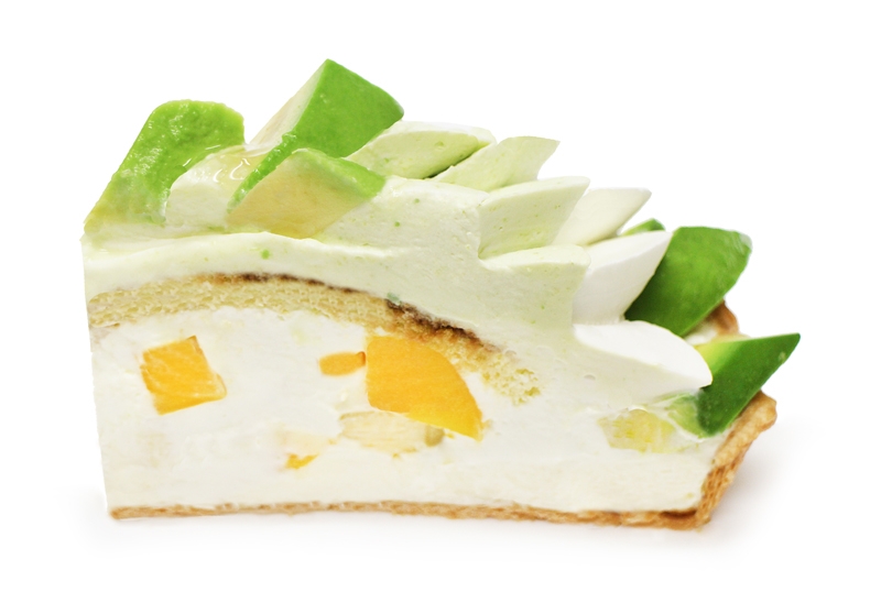 上から アボカド、アボカドクリーム、マスカルポーネクリーム、エスプレッソシロップ、マンゴー、バナナ、マスカルポーネのベース