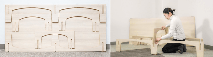 収納時(ベッド脚部をすべて裏面に貼付)(左)、組み立ての様子(右)