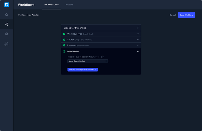 「Beamrクラウド」ワークフロータブ2:クラウドストレージバケットに直接リンクすることで、ビデオ軽減処理要件の正確なカスタマイズが可能