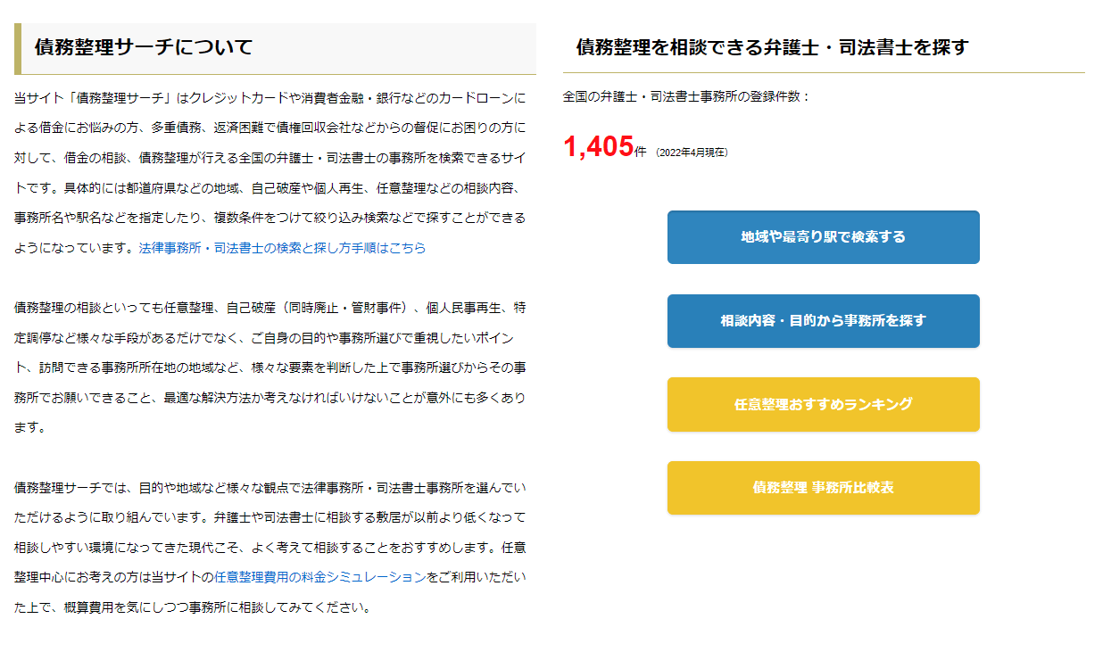 債務整理サーチの法律事務所・司法書士事務所の登録件数