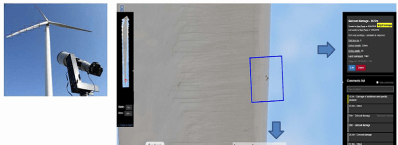 AIブレード外観点検の仕組み。地上に設置した望遠カメラでブレードをくまなく撮影し、画像をAIで診断。ダメージ(青色四角内)の詳細、リストなどを見やすいフォーマット(画面右端)で提供する。