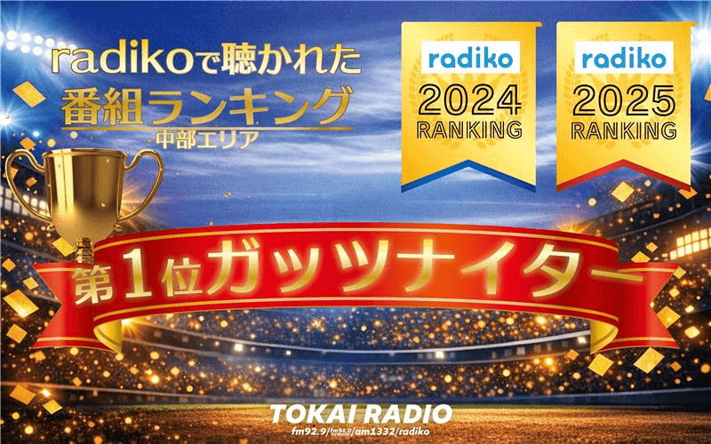 【TOKAI RADIO】radiko年間ランキング2025で「ガッツナイター」が首位獲得 中部エリアで最もradikoで聴かれたラジオ番組に