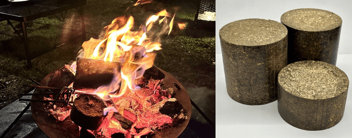 キャンプ場でバイオコークスを燃やしている様子(左)、今回配布する剪定枝を使用したバイオコークス(右)