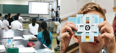 （左）昨年の同イベントの様子、（右）手作り顕微鏡