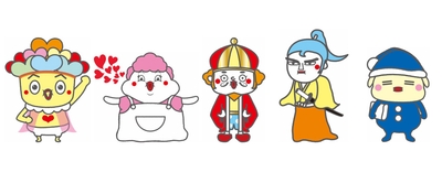 左から、セロトニン先生、オキシトシン母さん、ドーパミン王、ノルアドレナリン殿、メラトニンくん